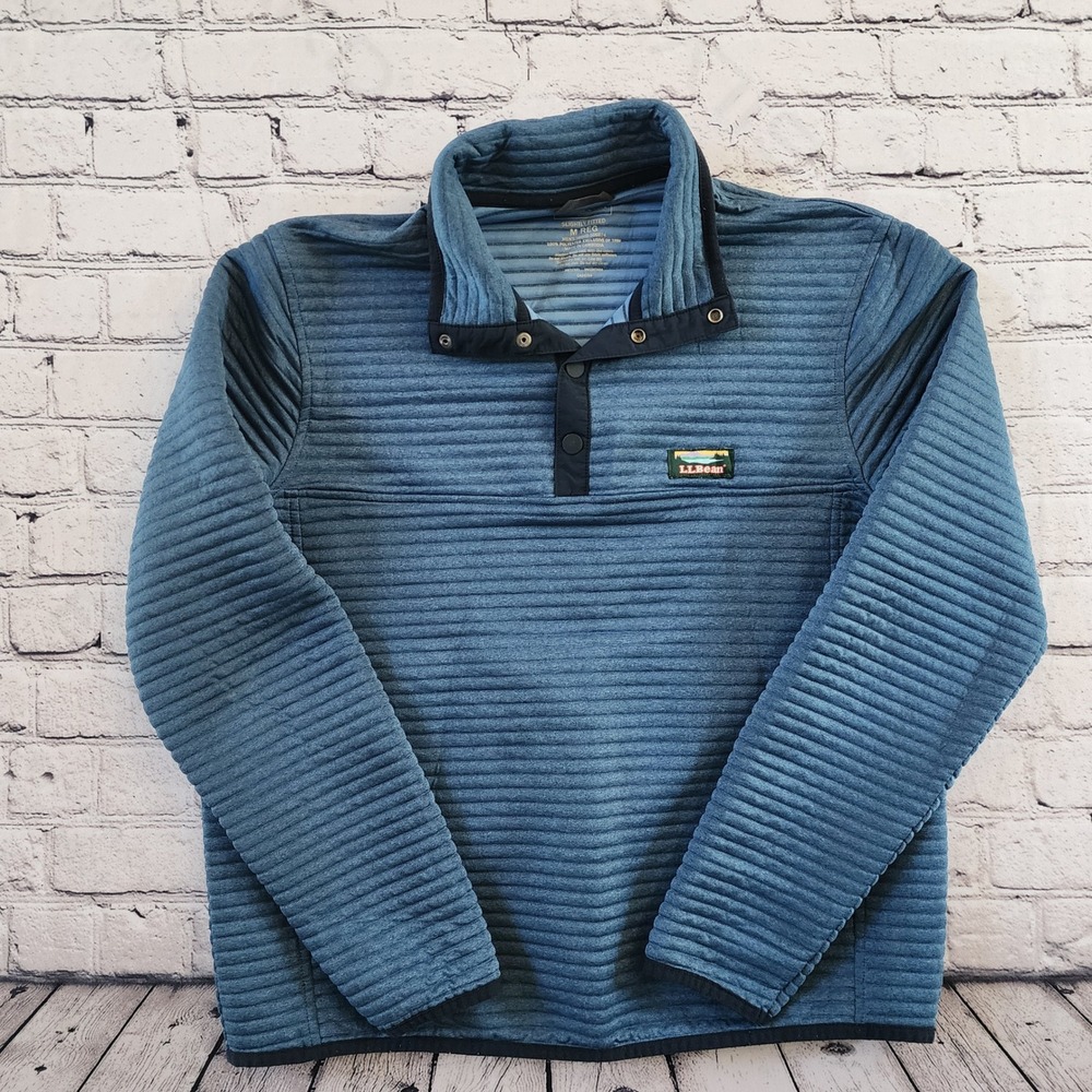 LL Bean Men's Medium Airlight Knit Pullover Blue Ribbed Snap Mock Neck Sweater